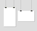 Empty Blank paper sheets hanging on binder clips. Mockup template format A4 on grey background. vector eps10 Royalty Free Stock Photo