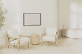 Empty blank picture frame mock up in modern living room interior in light beige tones with 2 armchairs and table, 3d Royalty Free Stock Photo