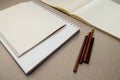 empty blank sheets notebook sketchbook and pencils on gray background Royalty Free Stock Photo