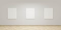 empty blank white canvas in art gallery with white walls and wooden floor exhibition hall 3d render illustration Royalty Free Stock Photo