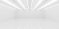 Empty blank white room background with zig-zag ceiling beams with inset light bands, modern interior template Royalty Free Stock Photo