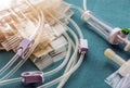 Empty blood bags at a hospital table