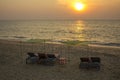 Empty blue beach beds with red mattresses under green yellow canopies on the yellow sand against the sea with a sun path in the Royalty Free Stock Photo