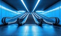 Empty blue escalators in modern subway station with bright lights, ideal for transportation themes Royalty Free Stock Photo