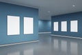 Empty blue gallery interior with blank white mock up banners on wall and reflections on floor. Art, no people, museum and Royalty Free Stock Photo