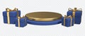 Empty blue gold 3d podium stage and gift box. Empty round golden podium scene and gift box. Empty luxury pedestal and gift box. 3D