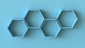 Empty blue hexagons shelves on blank wall background. 3D rendering.