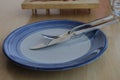 Empty blue plate with fork and knif over it Royalty Free Stock Photo