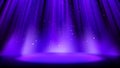 Empty blue purple scene with dark background, place lit by soft indigo spotlight, shiny sparkling particles. Indigo background