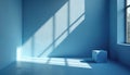 Empty blue room corner receives bright sunlight through window creating geometric shadows on floor and wall. A single blue cube Royalty Free Stock Photo