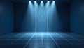 Empty blue room with spotlights and grid floor beams Royalty Free Stock Photo