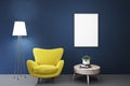 Empty blue room, yellow armchair, table, poster Royalty Free Stock Photo