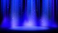 Empty blue scene with dark background, place lit by soft spotlight, shiny sparkling particles. Blue background with soft glow Royalty Free Stock Photo