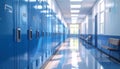 Empty blue school hallway with rows of lockers and sunlight streaming in corridor Royalty Free Stock Photo
