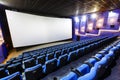 Empty blue seats in the cinema on the background of a white movie screen. Royalty Free Stock Photo