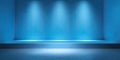 Modern Blue Studio Stage with Spotlights and Reflective Floor Royalty Free Stock Photo