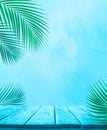 Empty of blue wood table top with coconut leaf on soft sky background.For montage product display or design keyvisual layout