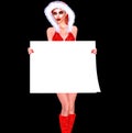 Empty board, white board for Christmas and the Holidays with beautiful woman standing and holding a sign for your message. Royalty Free Stock Photo