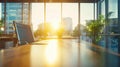 Empty boardroom table with chairs arranged around,against backdrop of floortoceiling windows Royalty Free Stock Photo