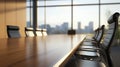 Empty boardroom table with chairs arranged around,against backdrop of floortoceiling windows Royalty Free Stock Photo