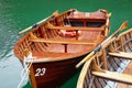 Empty boat in Lake Braies, popular travel destination in Dolomites, Italy Royalty Free Stock Photo