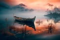 Empty boat on the lake at morning fog.AI generated Royalty Free Stock Photo