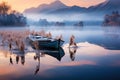 Empty boat on the lake at morning fog.Sunrise lake boat view.AI generated Royalty Free Stock Photo