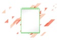 Empty book with green triangles, diagonal lines and diagonal blocks on background for celebration ideas. 3d illustration