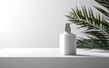 empty bottle mockup of white blanc dispenser with silver pump on a white table counter, cosmetic product display Royalty Free Stock Photo