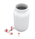 Empty bottle and pills on white background. 3d render image