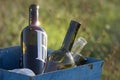 Empty bottles in the trash can. Simple background discarded wine bottles Royalty Free Stock Photo