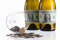 Empty bottles of wine from the label of dollar bill Royalty Free Stock Photo