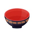 Empty bowl with asian ornaments in black and red colors. Japanese style. Utensils for a traditional dish. Colorful vector