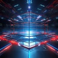 Empty Boxing Ring, Fight Arena, Professional Boxing Ring Axis Shift, Red Blue Illumination, Neon Light