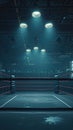 Empty Boxing Ring With Ceiling Lights. Generative AI.