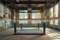 An empty boxing ring sits in a rundown building, showcasing the neglected state of the once thriving sport, A boxing ring in the