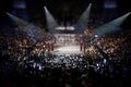 Empty boxing ring surrounded with spectators. 3D illustration Royalty Free Stock Photo