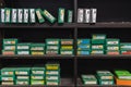 Empty brass pistol cartridges, ammo in bulk at a gun shop, ammunition shortage in California