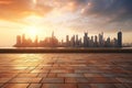 empty brick floor with cityscape and skyline of shanghai at sunset Royalty Free Stock Photo