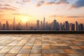 empty brick floor with cityscape and skyline of shanghai at sunset Royalty Free Stock Photo