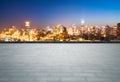 Empty brick floor with dreamlike cityscape