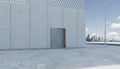 Empty brick road with modern concrete buildings