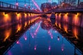 empty bridge with colorful lights reflected on water