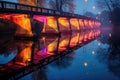 empty bridge with colorful lights reflected on water