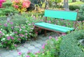Empty bright green colored wooden bench among vibrant pink flowering shrubs Royalty Free Stock Photo
