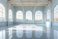 An empty bright large blue room with big windows. Clean interior background Royalty Free Stock Photo