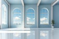 An empty bright large blue room with big windows. Clean interior background Royalty Free Stock Photo