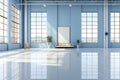 An empty bright large blue room with big windows. Clean interior background Royalty Free Stock Photo