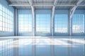 An empty bright large blue room with big windows. Clean interior background Royalty Free Stock Photo