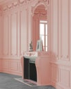 Empty, bright and light coral colored room with wall decoration and fireplace. Royalty Free Stock Photo